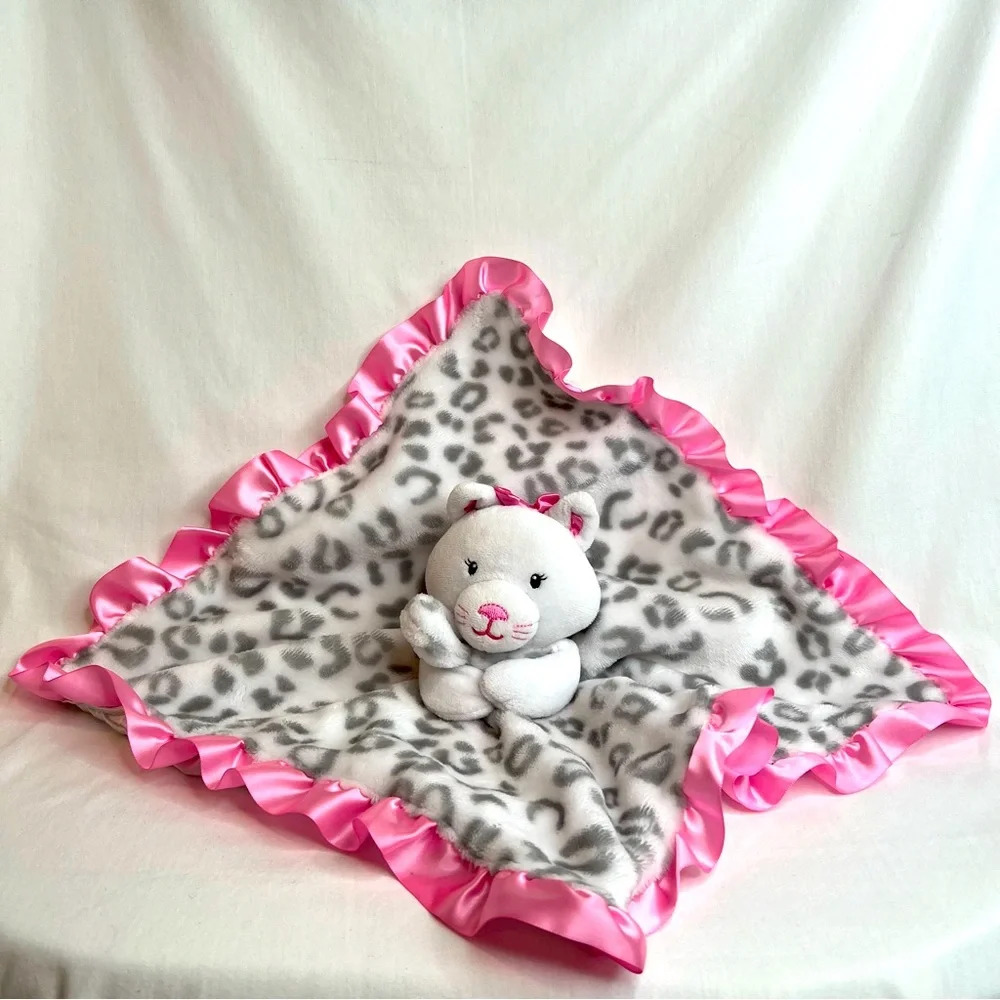 Okie Dokie Kitty Cat‎ Baby Lovey Security Blanket Leopard Pink Satin Rattles.